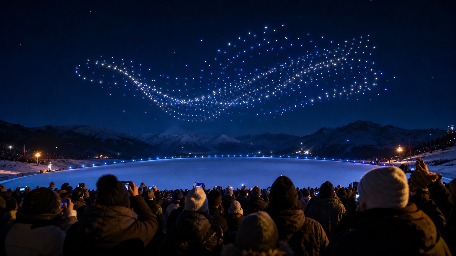 Abstract aerial lights above a winter stadium, suggesting drones and connected live events